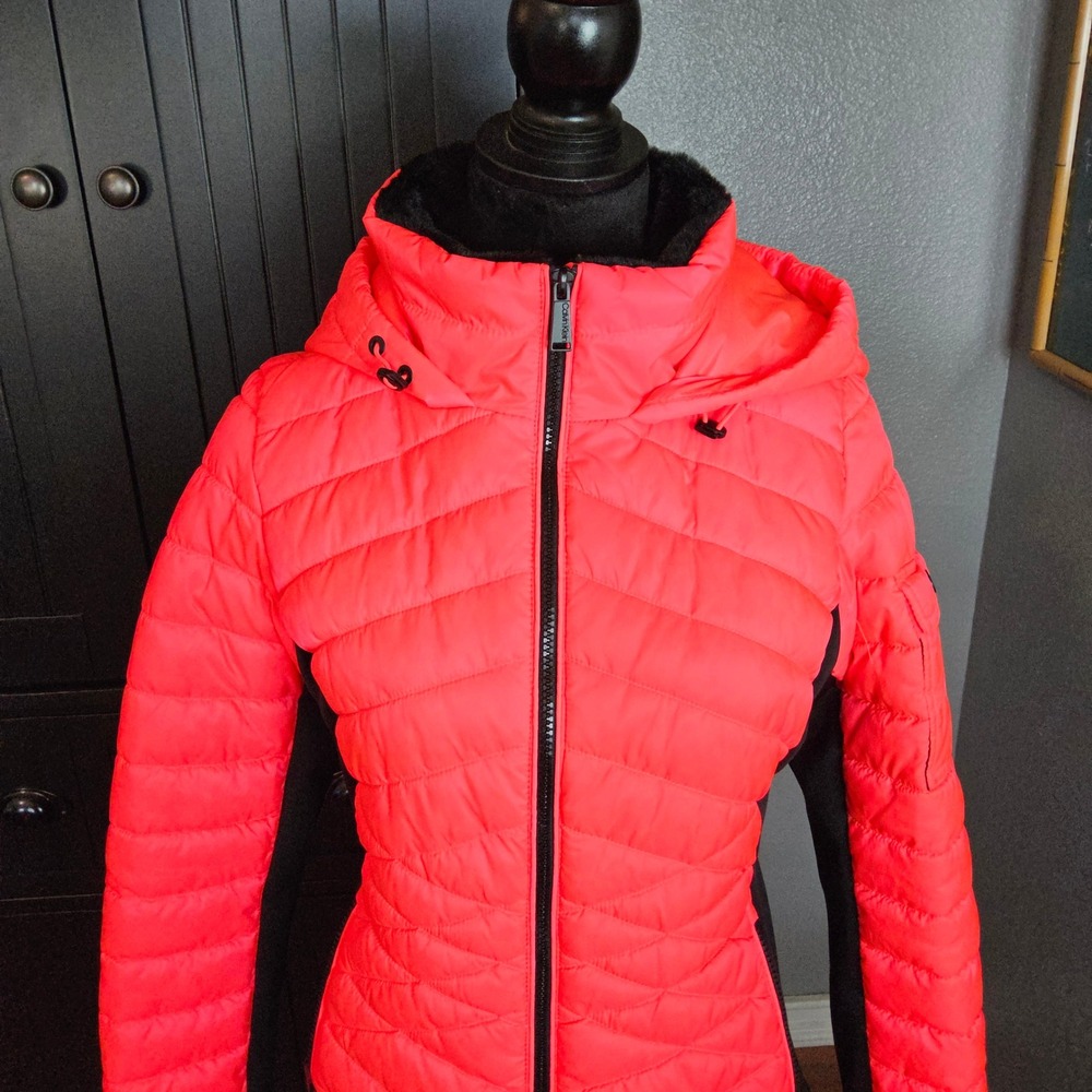 Calvin Klein Performance Puffer Jacket Womens Small Pink Hooded Mixed Media - Picture 2 of 12